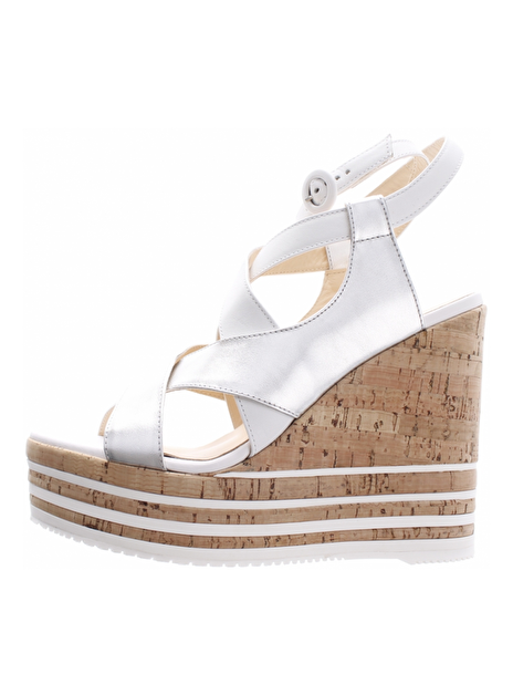 Sandalette leder wit zilver met kurk plateauzool