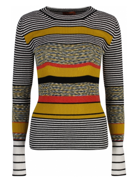 Pull ronde hals multi color zwart wit mosterd en rood