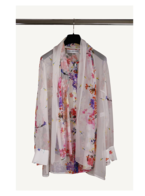 Blouse zijde wit, roze, oranje, paars