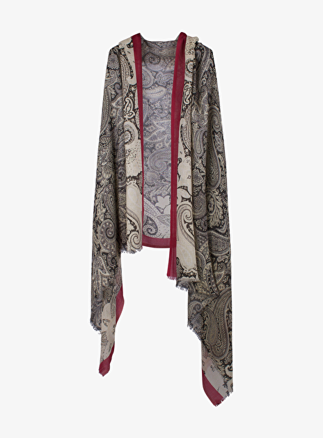 Shawl cashmere offwhite/zwart met rode bies