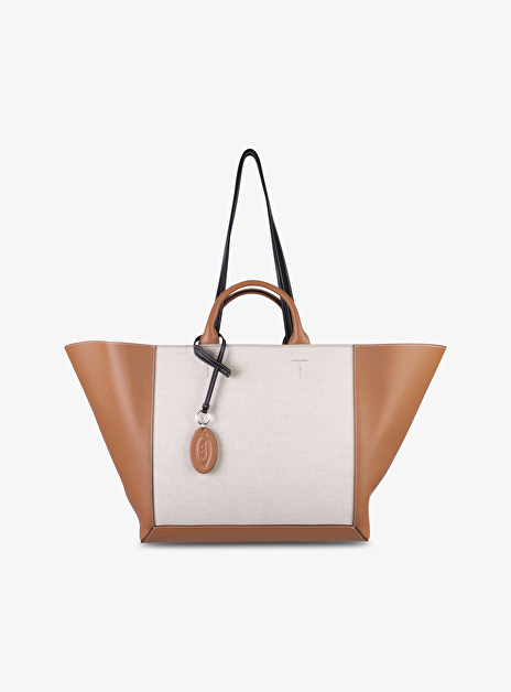 Shopping bag Large leder linnen beige cognac