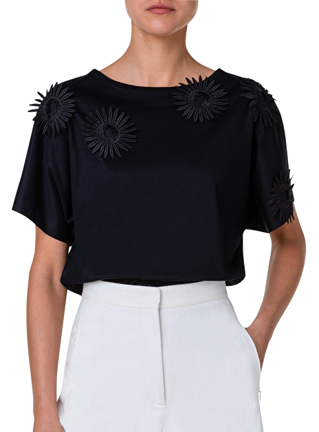 Shirt zwart katoen met opgestikte bloemen