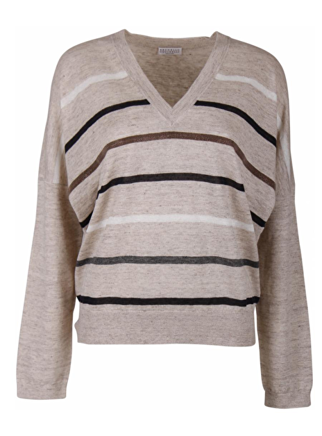 Pull streep v-hals rosé glitter kraaltjes, beige, grijs, wit, zwart