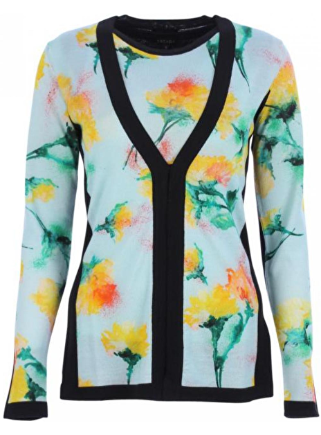 twinset turqoise met bloemprint en zwarte bies