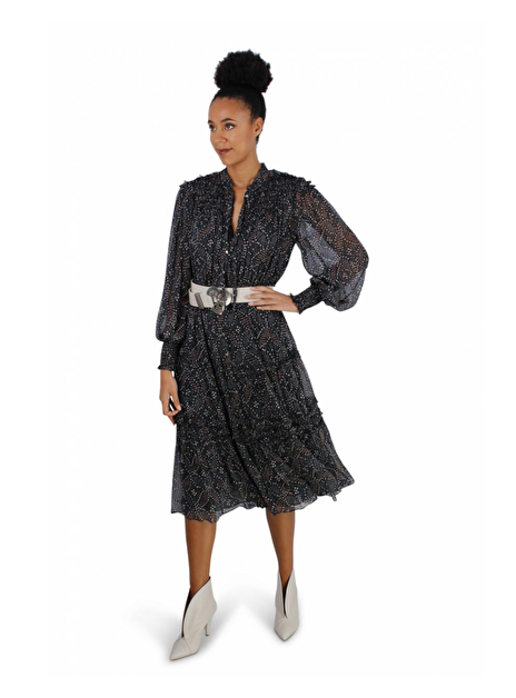 Jurk Brielle zijde dessin beige, blauw zwart