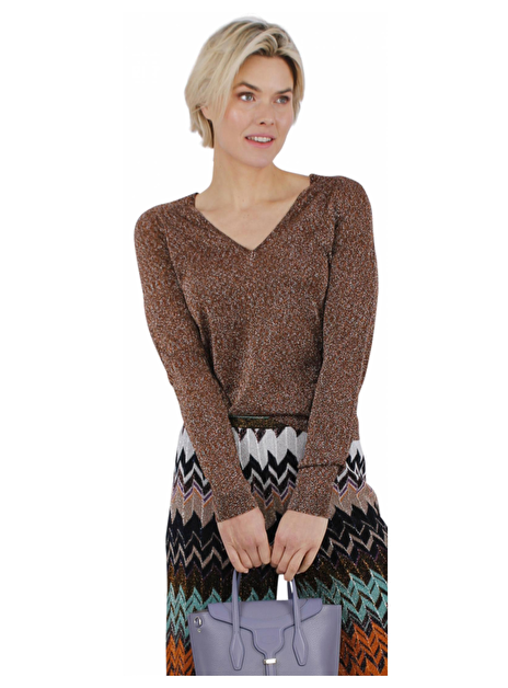 Pull v-hals lurex zilver bruin/oranje