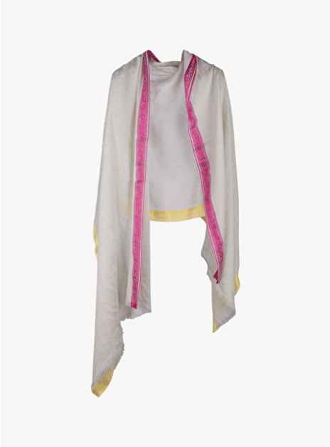 Shawl beige met geel en pink biezen