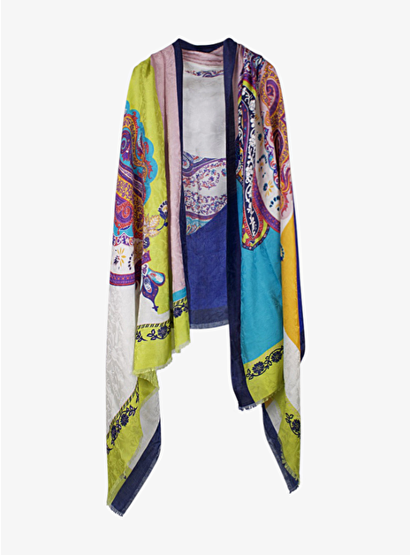 Shawl abstract paisley zijde paars, geel, blauw