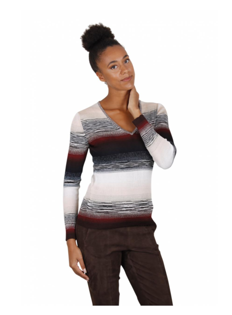 Pull v-hals streep offwhite, beige, bordeaux, zwart