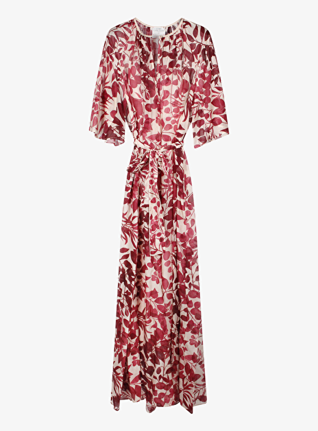 Jurk voile rood gebloemd met strikceintuur