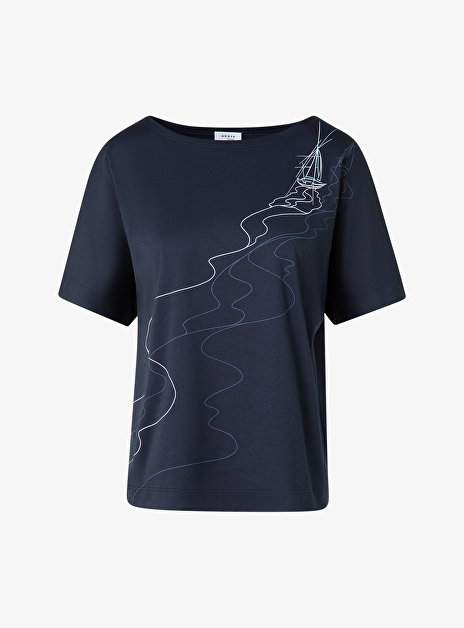 Shirt marine met print zee en zeilbootjes