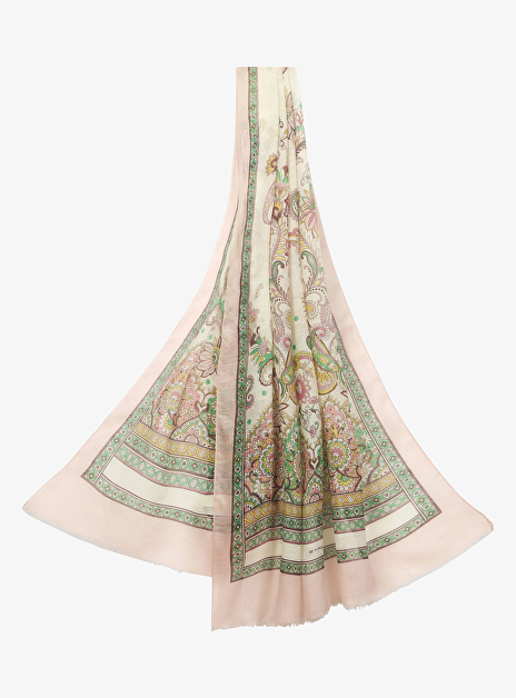 Shawl creme met multi color print en roze rand