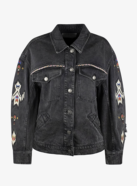 Jeans jacket Manona zwart faded rafel en aztec print