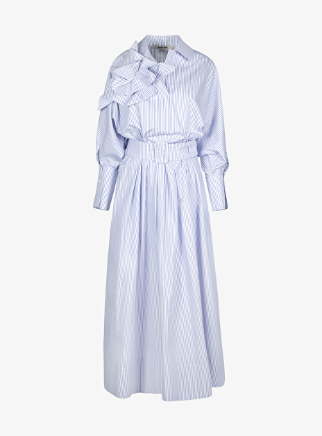 Jurk circee streep wit lichtblauw met geplooide rok