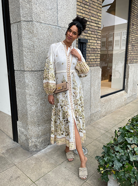 Jurk maxi golden buttoned linnen offwhite met print