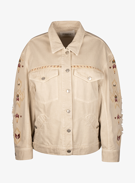 Jeans jacket Manona beige rafel en aztec print