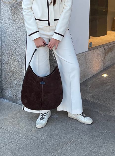 Pantalon duse offwhite met bruine bies