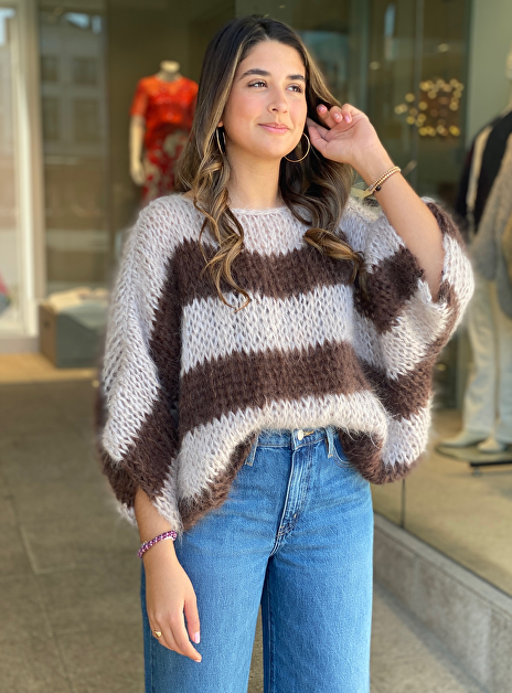 pull mohair Streep grey taupe met bruin