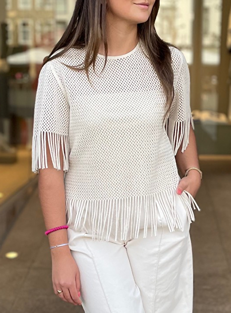 Top opengewerkt beige met franjes