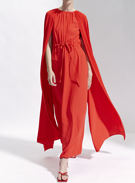 Jurk citrus rood crepe met cape