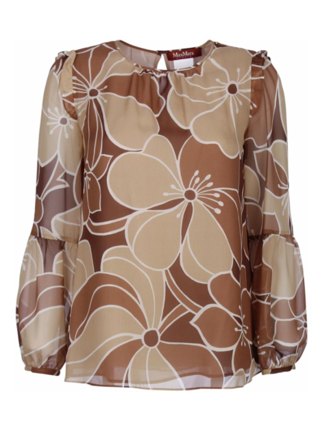blouse camel dessin met roezel op schouder