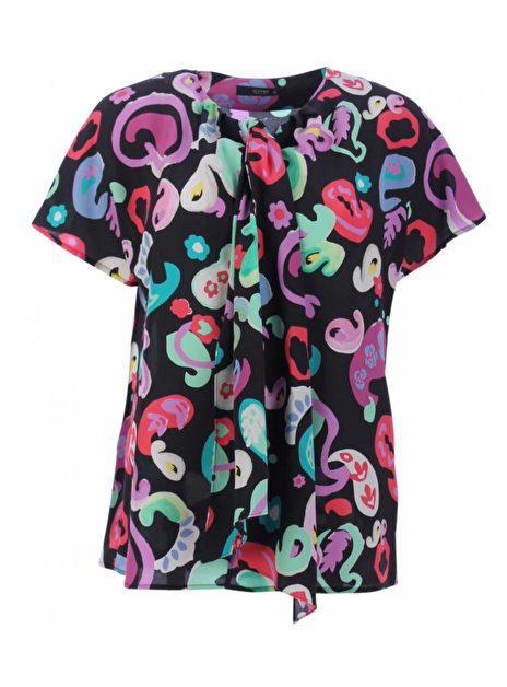 blouse zwart zijde met print colour en strik